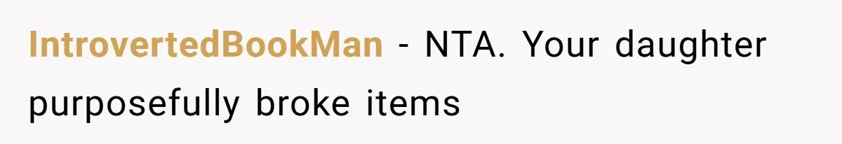 IntrovertedBookMan − NTA. Your daughter purposefully broke items