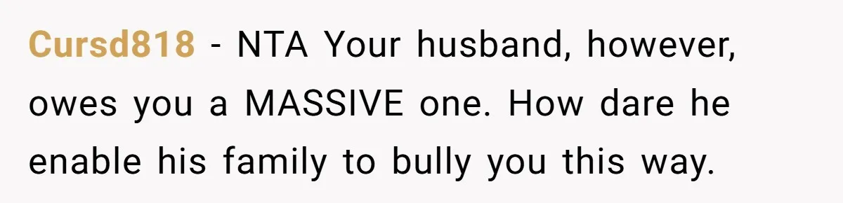 Cursd818 − NTA Your husband, however, owes you a MASSIVE one. How dare he enable his family to bully you this way.
