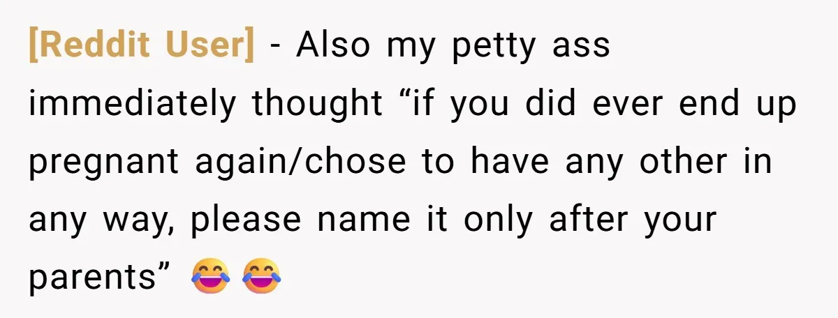[Reddit User] − Also my petty ass immediately thought “if you did ever end up pregnant again/chose to have any other in any way, please name it only after your...
