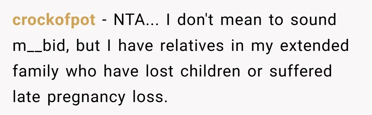 crockofpot − NTA... I don't mean to sound m__bid, but I have relatives in my extended family who have lost children or suffered late pregnancy loss.