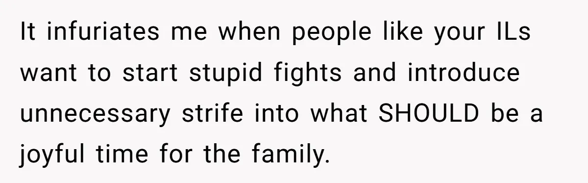 It infuriates me when people like your ILs want to start stupid fights and introduce unnecessary strife into what SHOULD be a joyful time for the family.