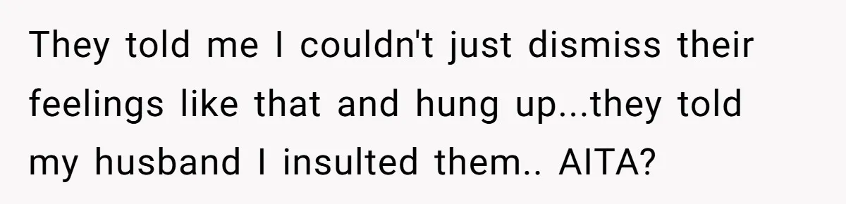 They told me I couldn't just dismiss their feelings like that and hung up...they told my husband I insulted them.. AITA?