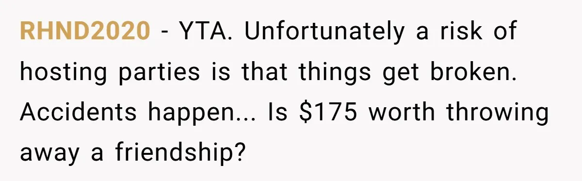 RHND2020 − YTA. Unfortunately a risk of hosting parties is that things get broken. Accidents happen... Is $175 worth throwing away a friendship?