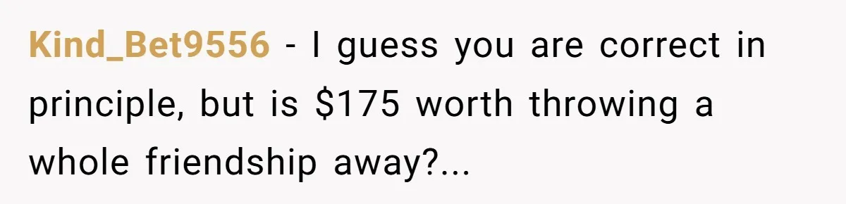 Kind_Bet9556 − I guess you are correct in principle, but is $175 worth throwing a whole friendship away?...