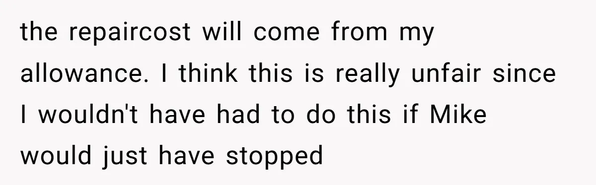 the repaircost will come from my allowance. I think this is really unfair since I wouldn't have had to do this if Mike would just have stopped