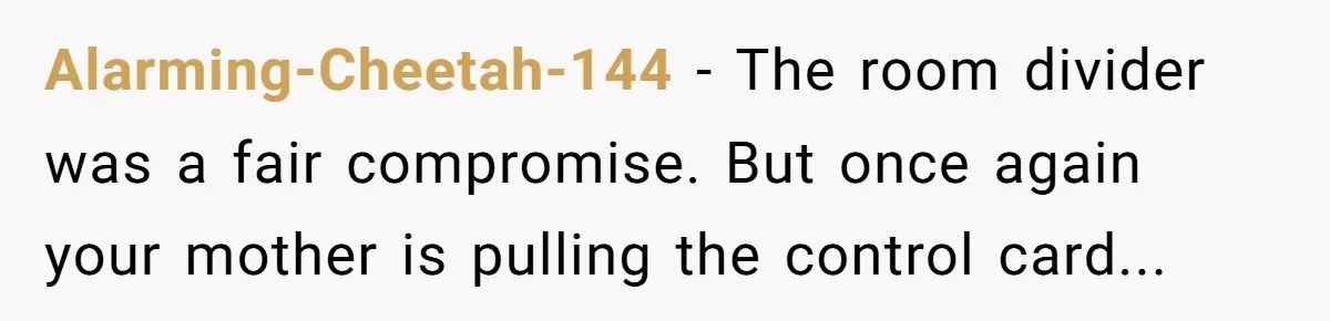 Alarming-Cheetah-144 − The room divider was a fair compromise. But once again your mother is pulling the control card...