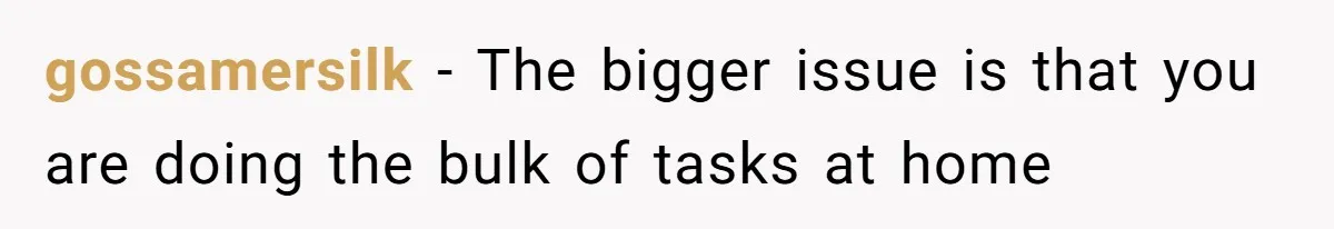gossamersilk − The bigger issue is that you are doing the bulk of tasks at home