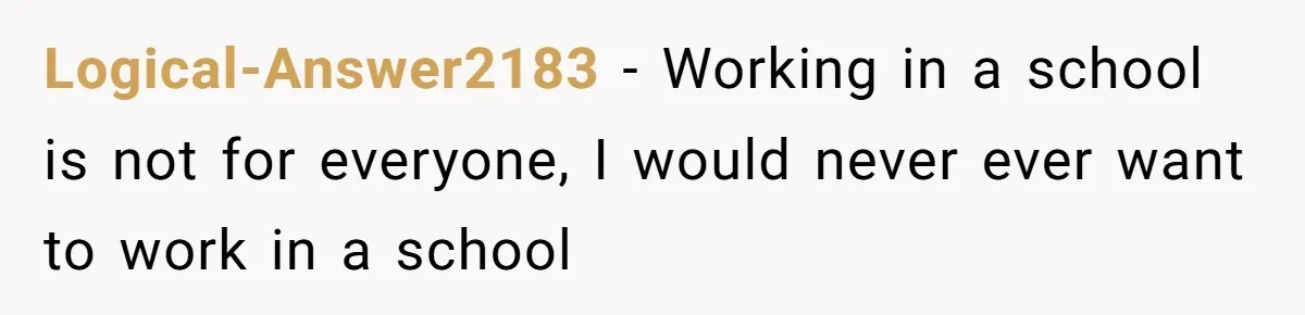 Logical-Answer2183 − Working in a school is not for everyone, I would never ever want to work in a school