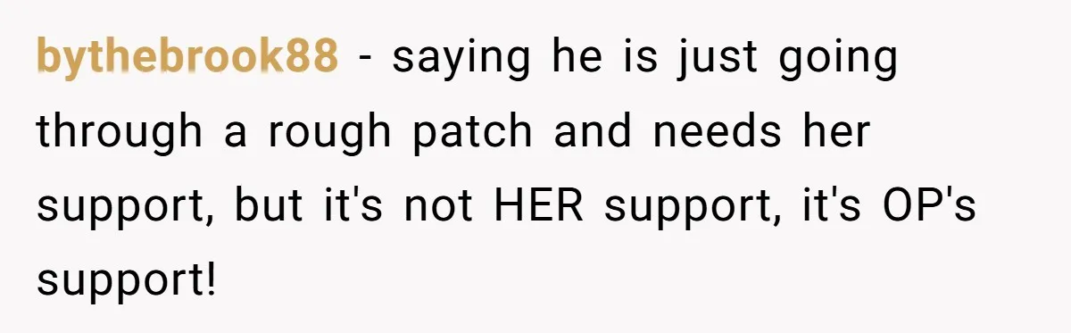 bythebrook88 − saying he is just going through a rough patch and needs her support, but it's not HER support, it's OP's support!