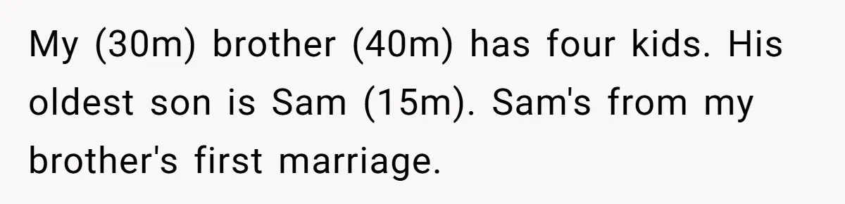 My (30m) brother (40m) has four kids. His oldest son is Sam (15m). Sam's from my brother's first marriage.