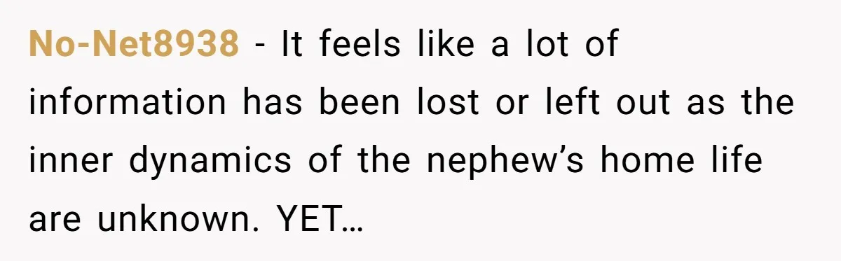 No-Net8938 − It feels like a lot of information has been lost or left out as the inner dynamics of the nephew’s home life are unknown. YET…