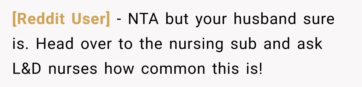[Reddit User] − NTA but your husband sure is. Head over to the nursing sub and ask L&D nurses how common this is!