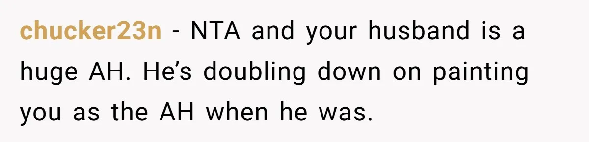 chucker23n − NTA and your husband is a huge AH. He’s doubling down on painting you as the AH when he was.