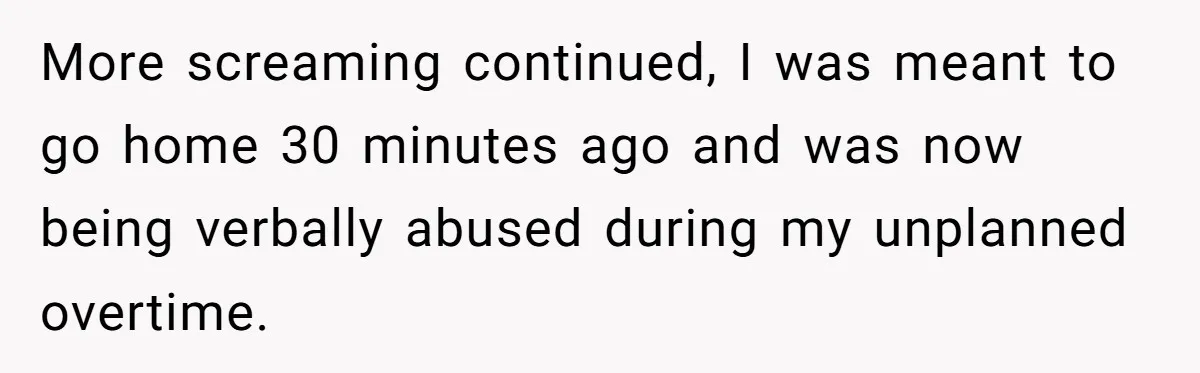 More screaming continued, I was meant to go home 30 minutes ago and was now being verbally abused during my unplanned overtime.