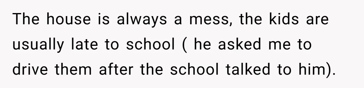 The house is always a mess, the kids are usually late to school ( he asked me to drive them after the school talked to him).