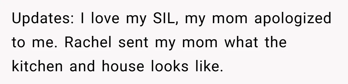 Updates: I love my SIL, my mom apologized to me. Rachel sent my mom what the kitchen and house looks like.
