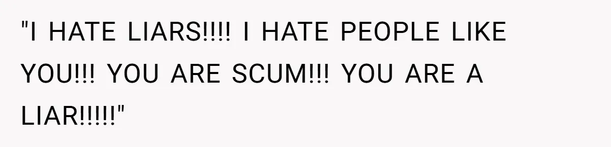 "I HATE LIARS!!!! I HATE PEOPLE LIKE YOU!!! YOU ARE SCUM!!! YOU ARE A LIAR!!!!!"