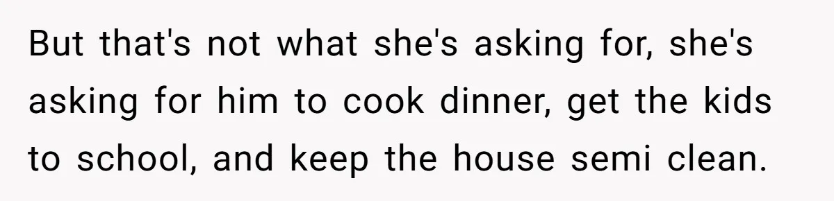 But that's not what she's asking for, she's asking for him to cook dinner, get the kids to school, and keep the house semi clean.