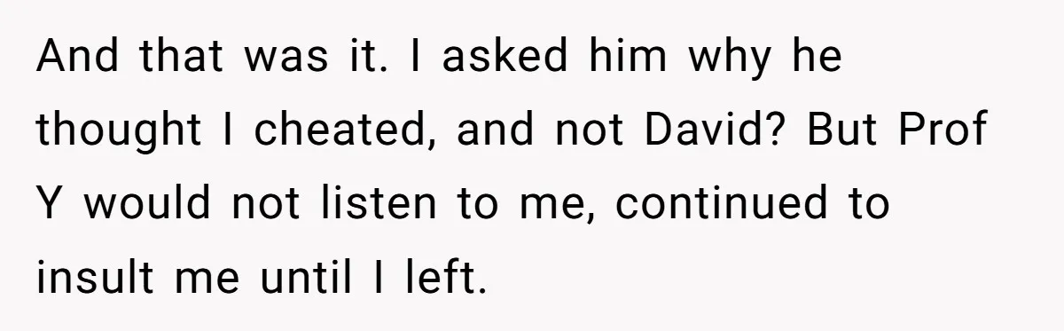 And that was it. I asked him why he thought I cheated, and not David? But Prof Y would not listen to me, continued to insult me until I left.
