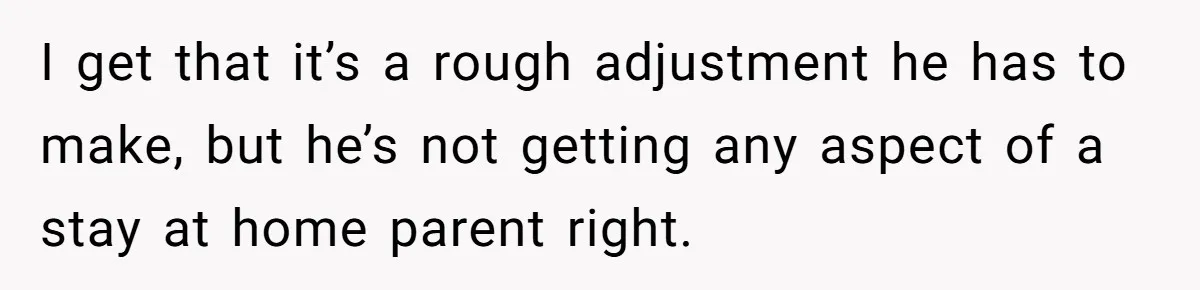 I get that it’s a rough adjustment he has to make, but he’s not getting any aspect of a stay at home parent right.