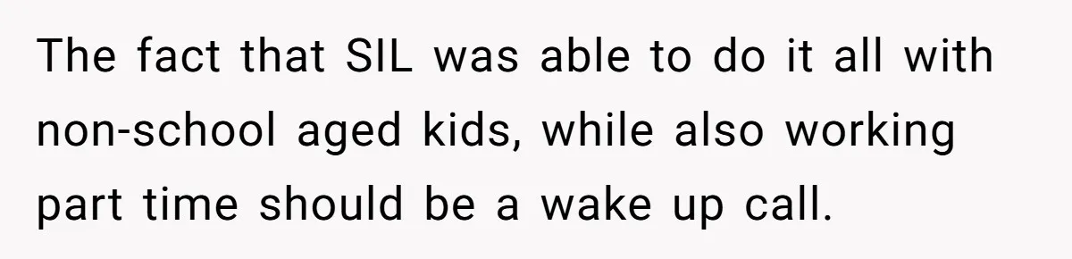 The fact that SIL was able to do it all with non-school aged kids, while also working part time should be a wake up call.