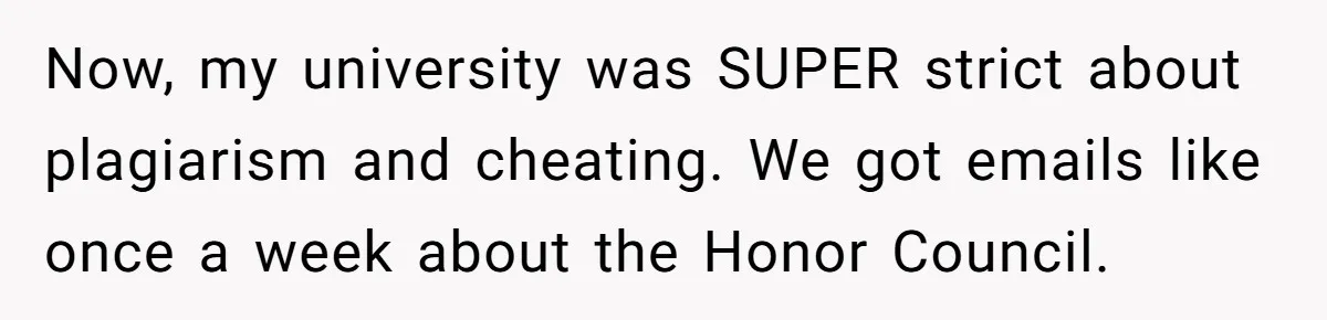 Now, my university was SUPER strict about plagiarism and cheating. We got emails like once a week about the Honor Council.