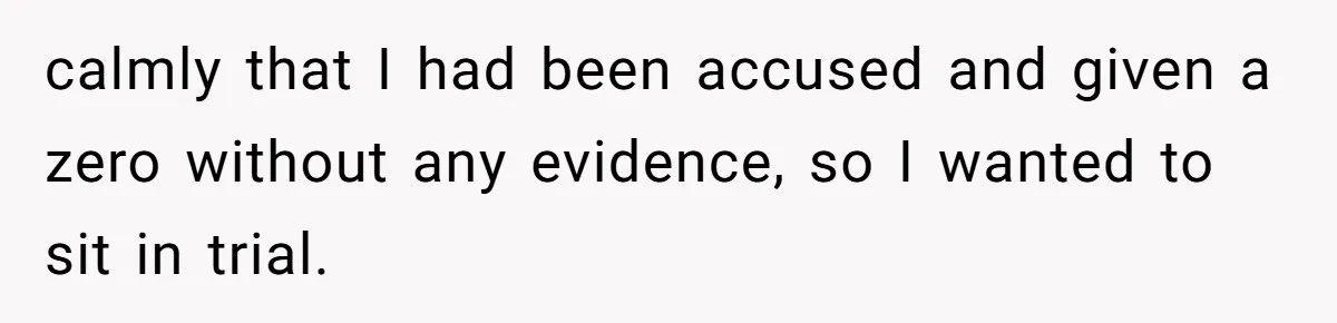 calmly that I had been accused and given a zero without any evidence, so I wanted to sit in trial.