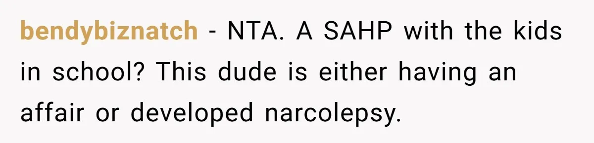 bendybiznatch − NTA. A SAHP with the kids in school? This dude is either having an affair or developed narcolepsy.