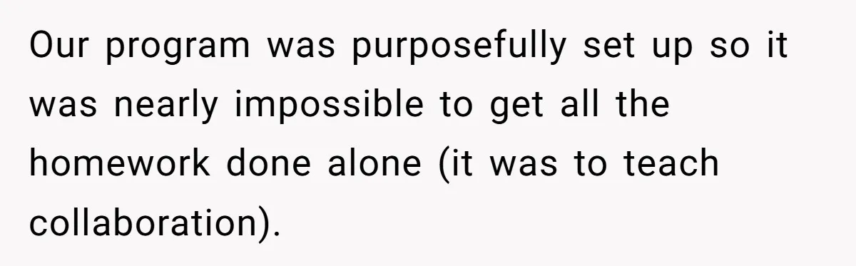 Our program was purposefully set up so it was nearly impossible to get all the homework done alone (it was to teach collaboration).