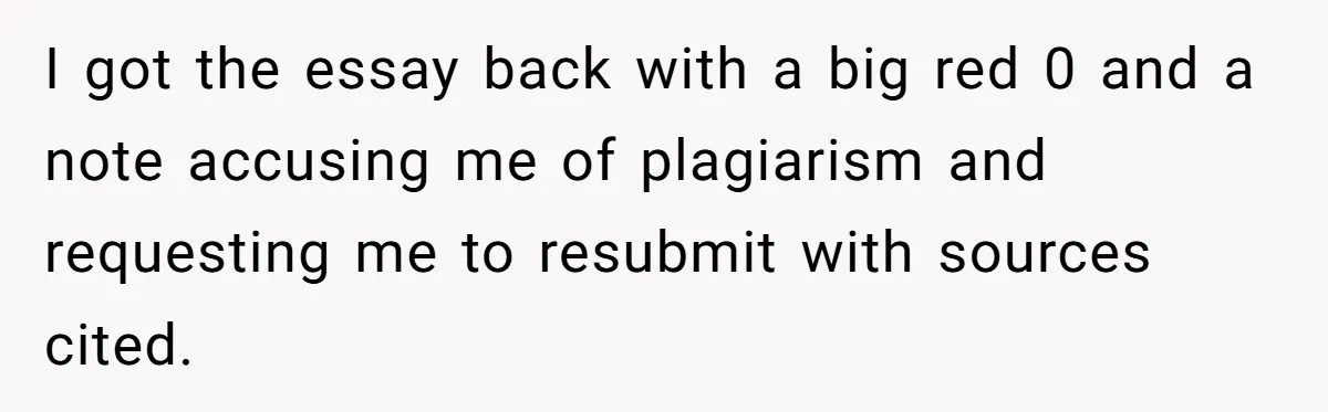 I got the essay back with a big red 0 and a note accusing me of plagiarism and requesting me to resubmit with sources cited.
