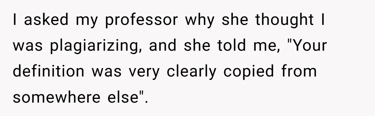 I asked my professor why she thought I was plagiarizing, and she told me, "Your definition was very clearly copied from somewhere else".