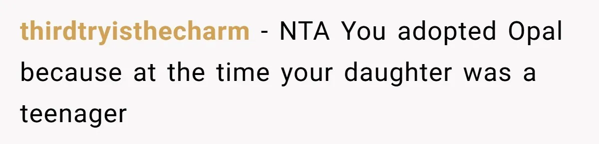 thirdtryisthecharm − NTA You adopted Opal because at the time your daughter was a teenager