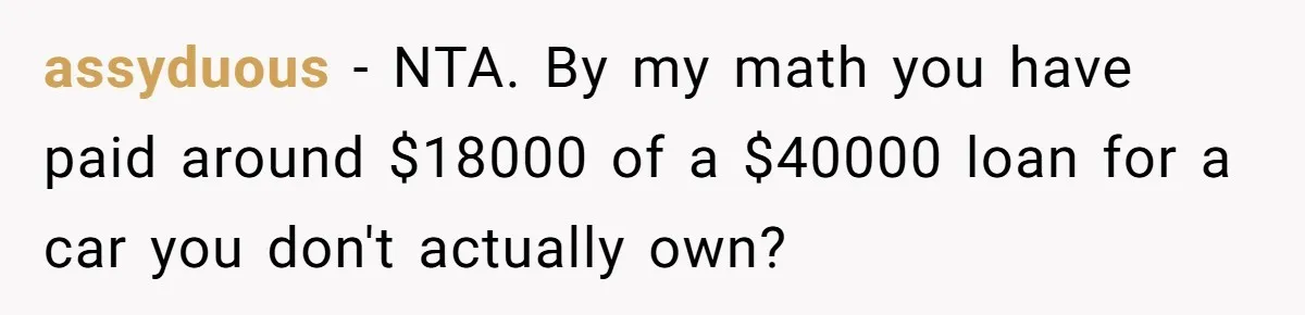 assyduous − NTA. By my math you have paid around $18000 of a $40000 loan for a car you don't actually own?