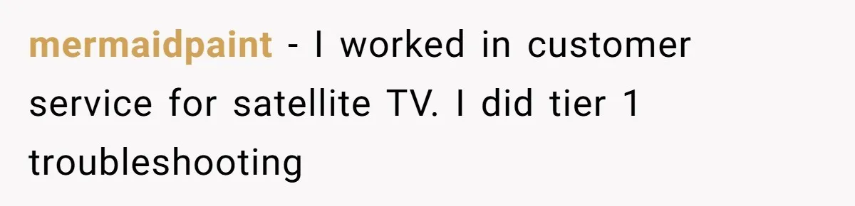 mermaidpaint − I worked in customer service for satellite TV. I did tier 1 troubleshooting