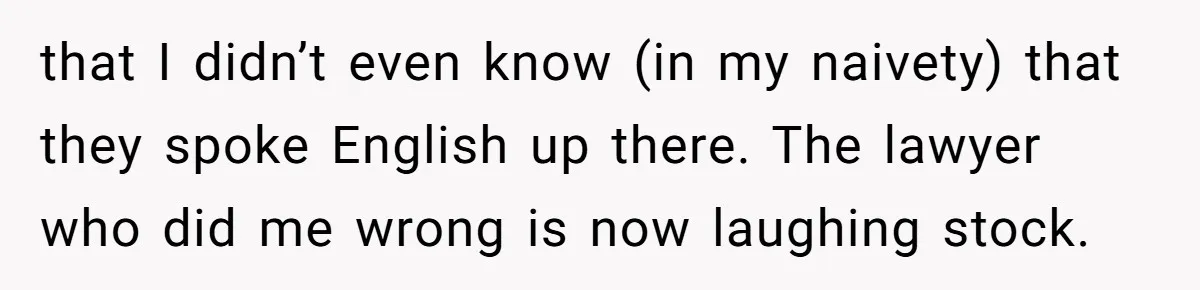 that I didn’t even know (in my naivety) that they spoke English up there. The lawyer who did me wrong is now laughing stock.