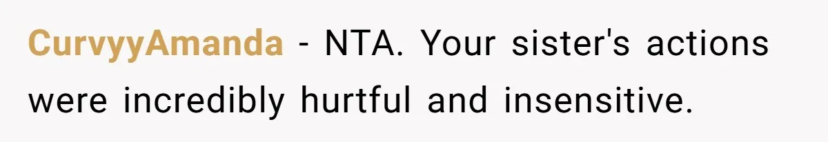 CurvyyAmanda − NTA. Your sister's actions were incredibly hurtful and insensitive.