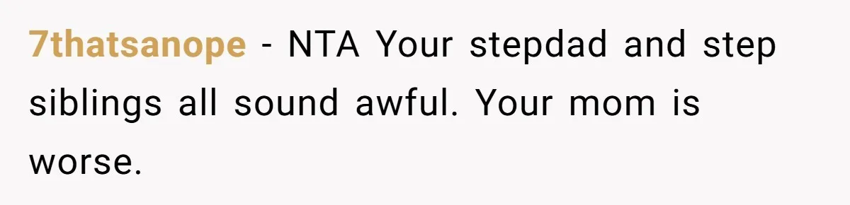 7thatsanope − NTA Your stepdad and step siblings all sound awful. Your mom is worse.