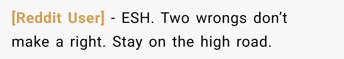 [Reddit User] − ESH. Two wrongs don’t make a right. Stay on the high road.