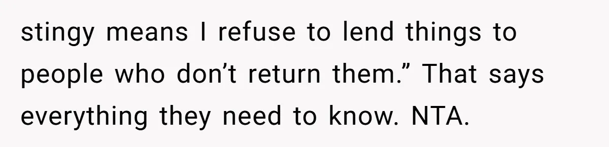 stingy means I refuse to lend things to people who don’t return them.” That says everything they need to know. NTA.