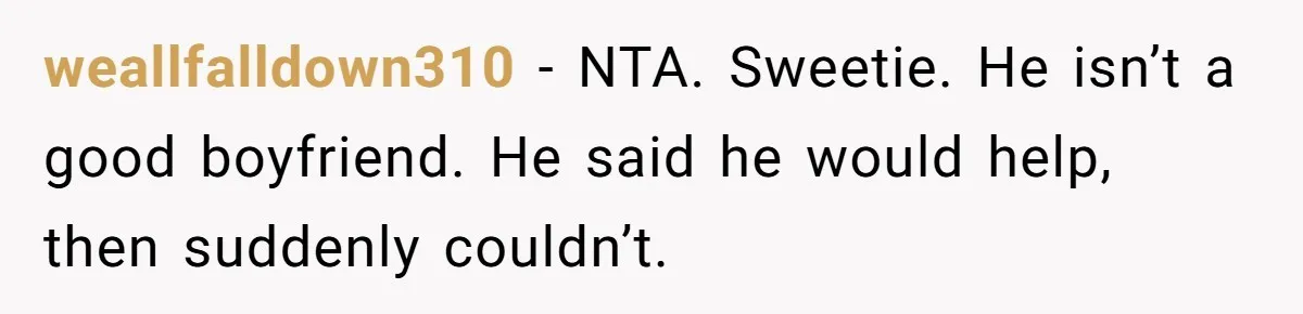 weallfalldown310 − NTA. Sweetie. He isn’t a good boyfriend. He said he would help, then suddenly couldn’t.