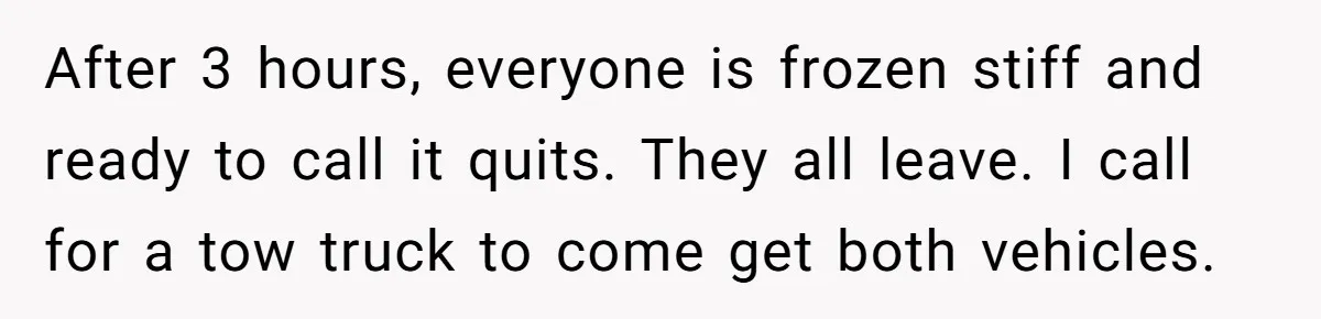 After 3 hours, everyone is frozen stiff and ready to call it quits. They all leave. I call for a tow truck to come get both vehicles.