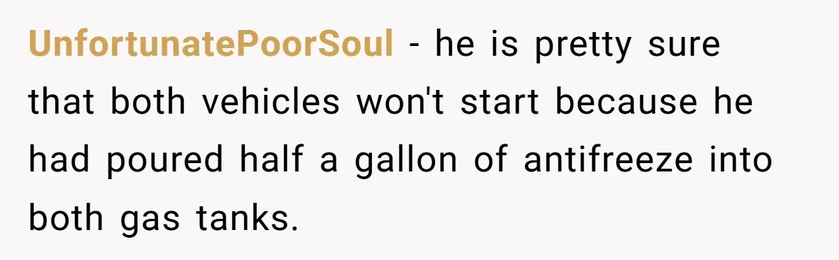 UnfortunatePoorSoul − he is pretty sure that both vehicles won't start because he had poured half a gallon of antifreeze into both gas tanks.