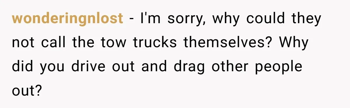 wonderingnlost − I'm sorry, why could they not call the tow trucks themselves? Why did you drive out and drag other people out?
