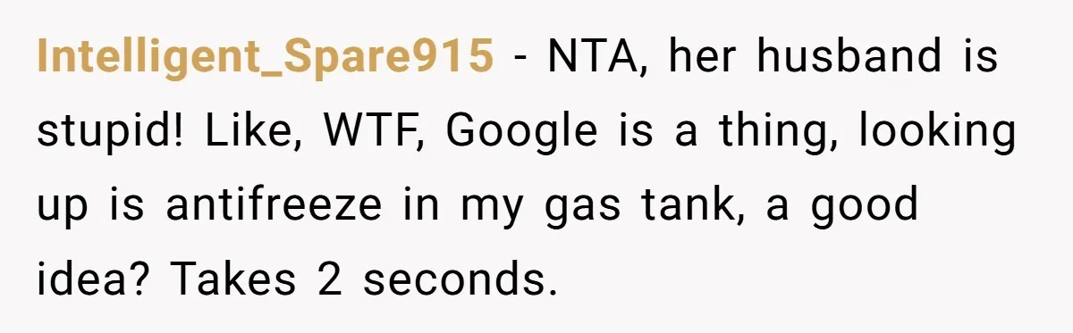 Intelligent_Spare915 − NTA, her husband is stupid! Like, WTF, Google is a thing, looking up is antifreeze in my gas tank, a good idea? Takes 2 seconds.