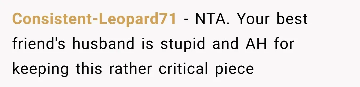 Consistent-Leopard71 − NTA. Your best friend's husband is stupid and AH for keeping this rather critical piece