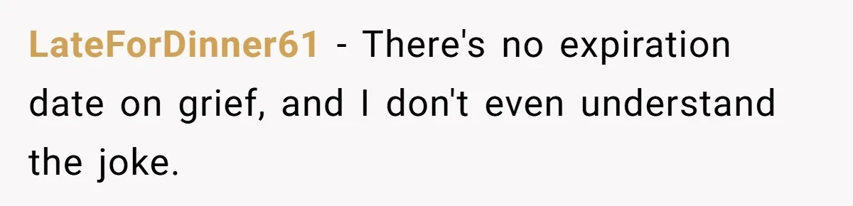 LateForDinner61 − There's no expiration date on grief, and I don't even understand the joke.