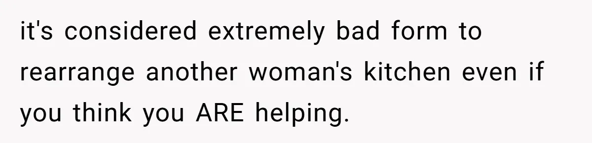 it's considered extremely bad form to rearrange another woman's kitchen even if you think you ARE helping.