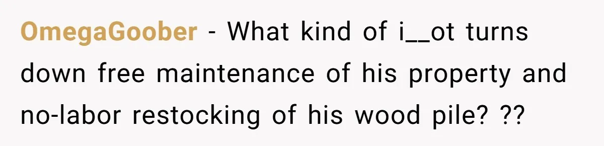 OmegaGoober − What kind of i__ot turns down free maintenance of his property and no-labor restocking of his wood pile? ??