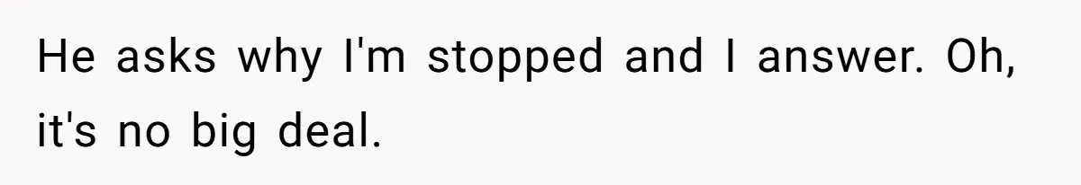 He asks why I'm stopped and I answer. Oh, it's no big deal.