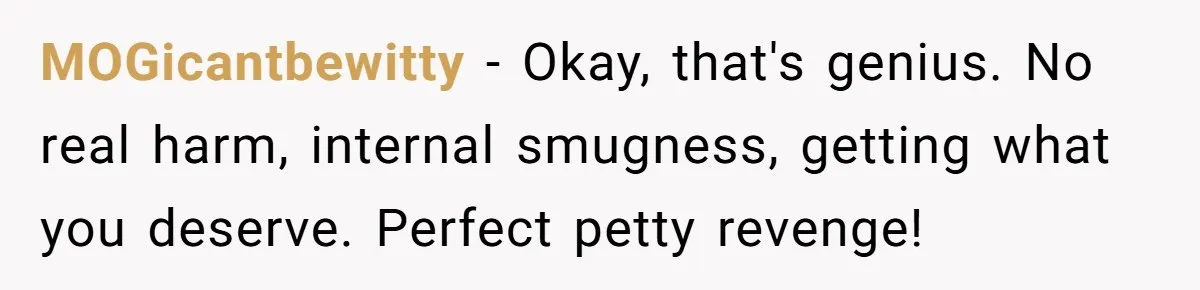 MOGicantbewitty − Okay, that's genius. No real harm, internal smugness, getting what you deserve. Perfect petty revenge!